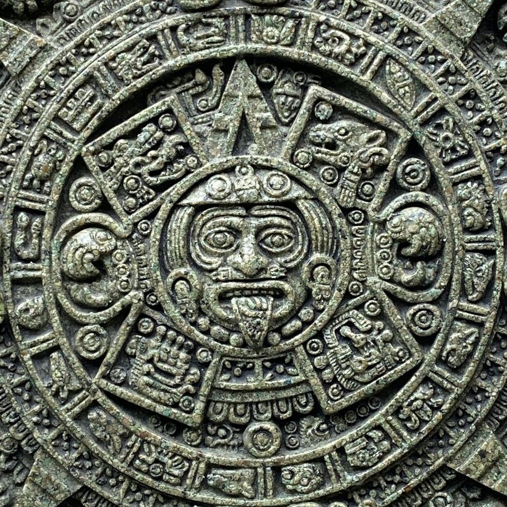 MCM Aztec Sun Stone Calendar-Marked Original Zarebski Crushed Green Stone 11.5"